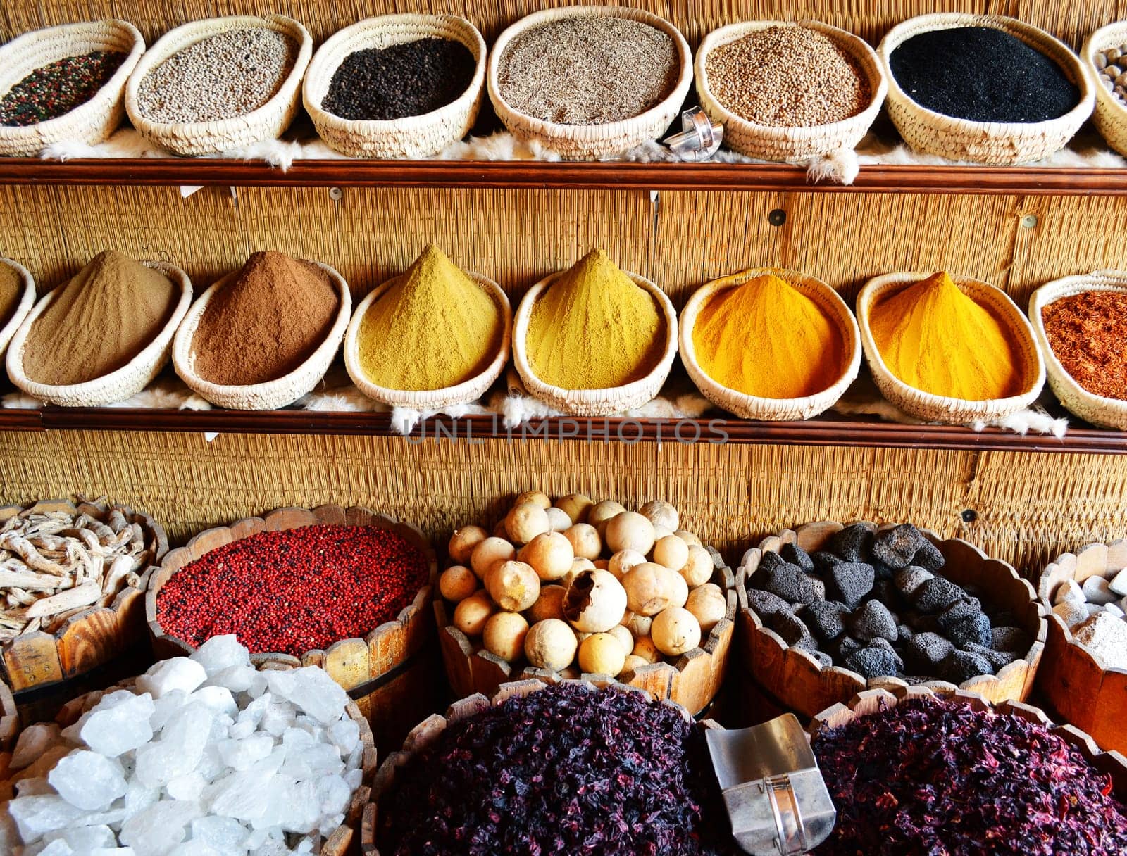 Spices in arabic store including turmeric and curry powder