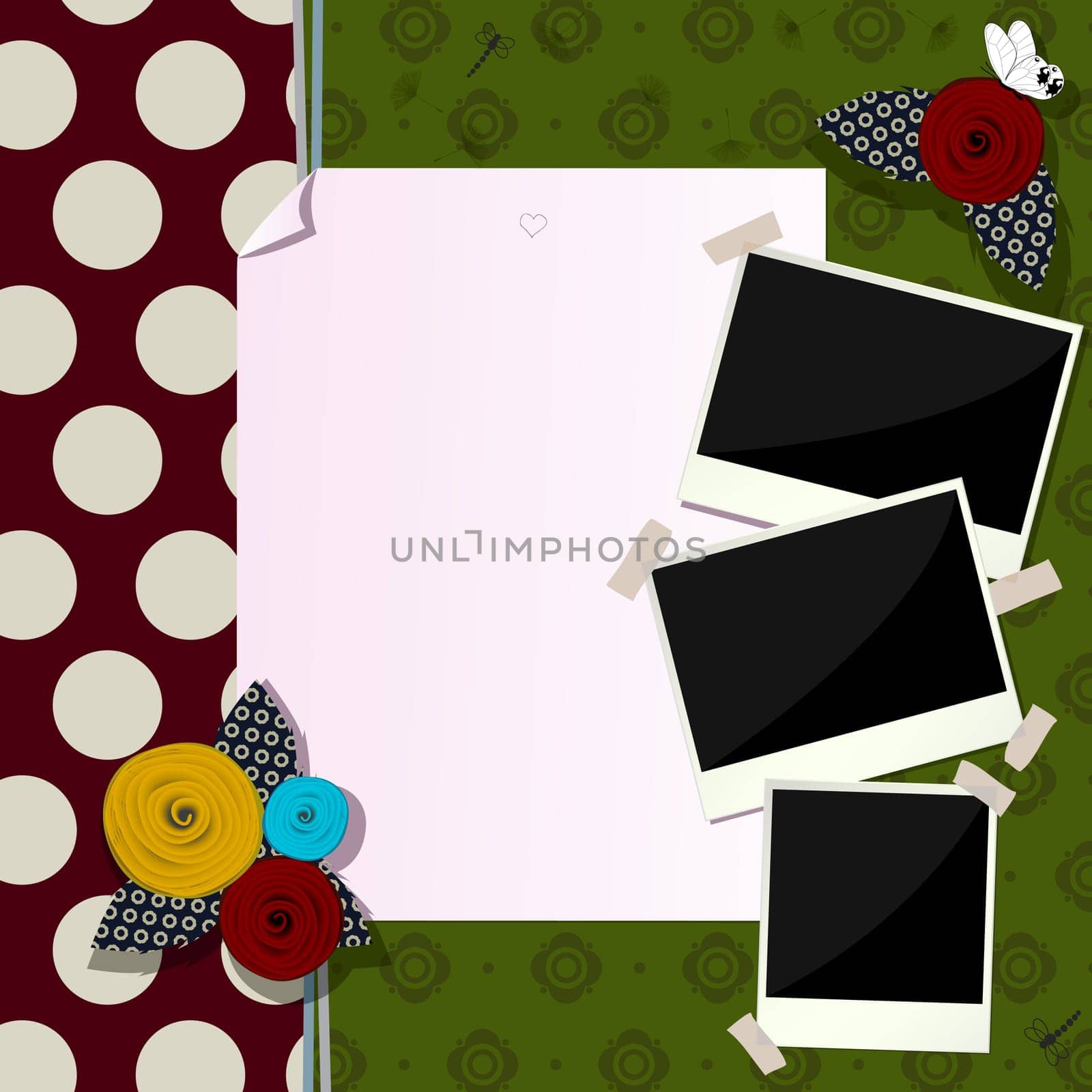 Vintage scrapbook composition with paper like flowers, antique photo frames and butterfly