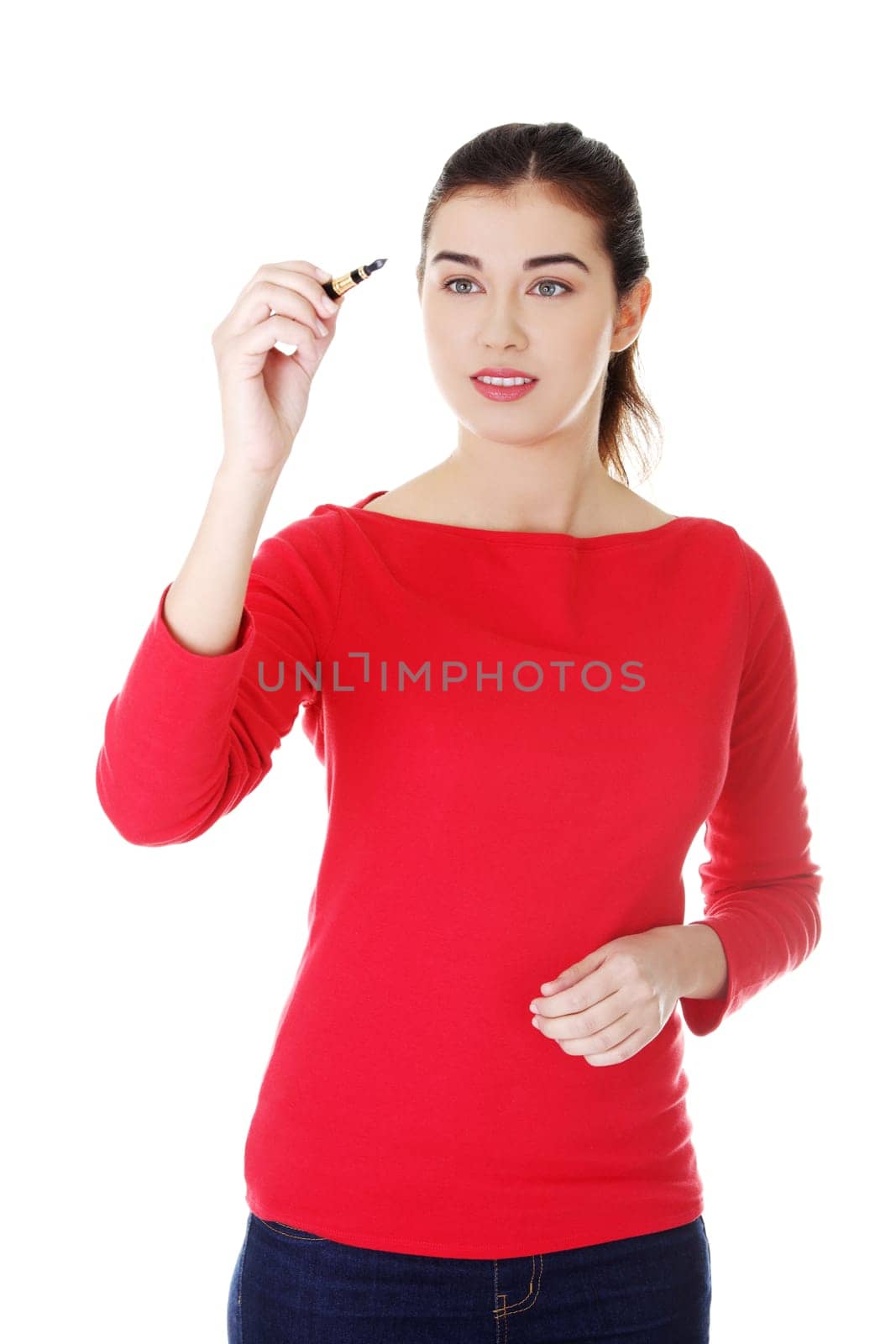 Young student woman writing something on abstract screen