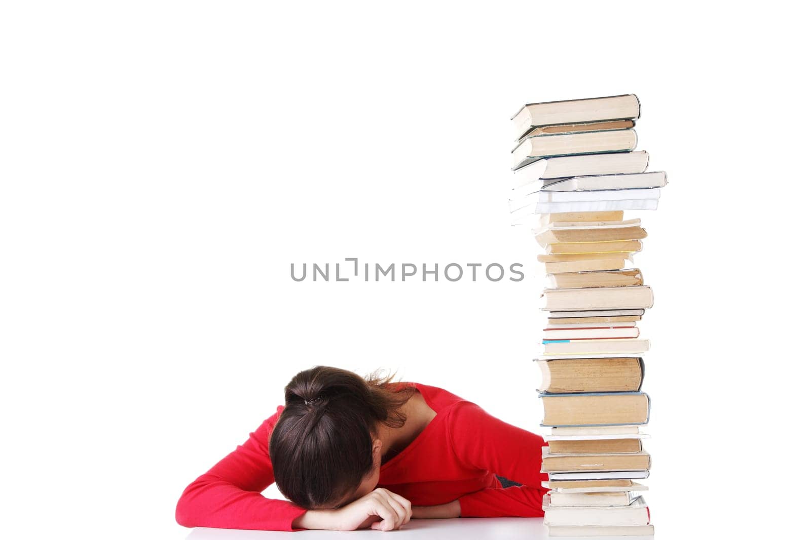 Sad female student with learning difficulties , isolated on white