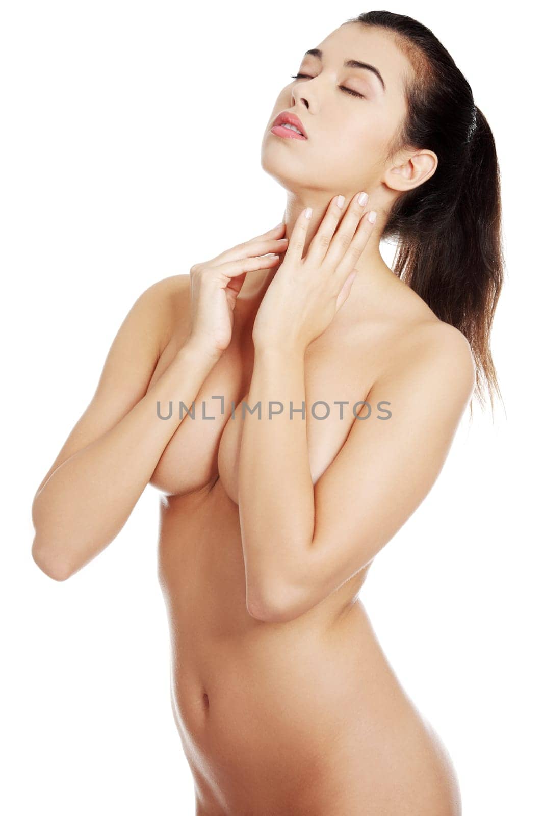 Beautiful attractive fit topless woman, isolated on white