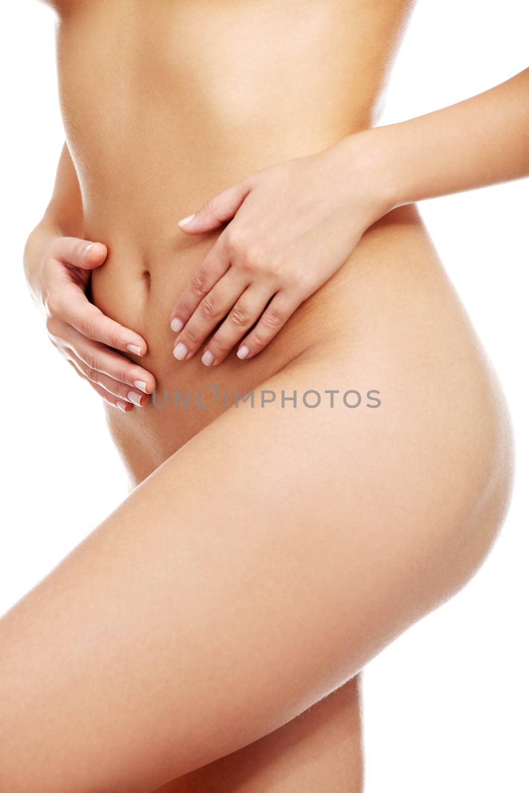 Beautiful nude fit woman body, isolated on white