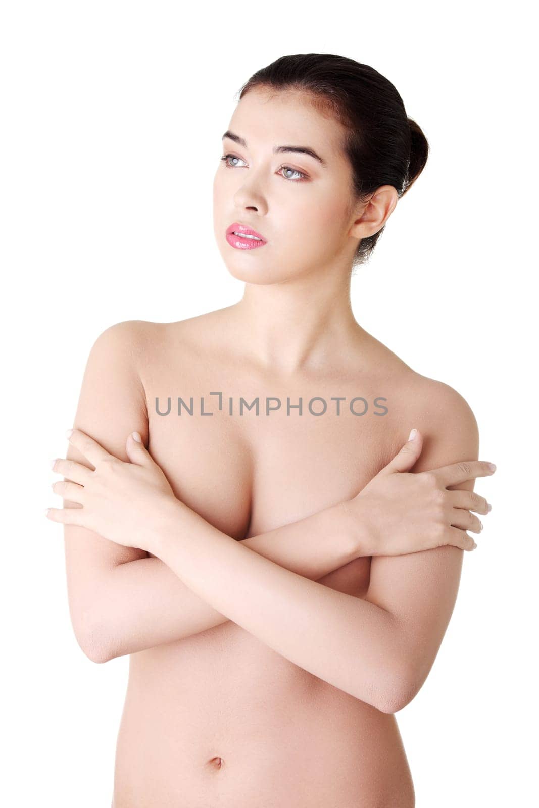 Beautiful fit topless woman, isolated on white
