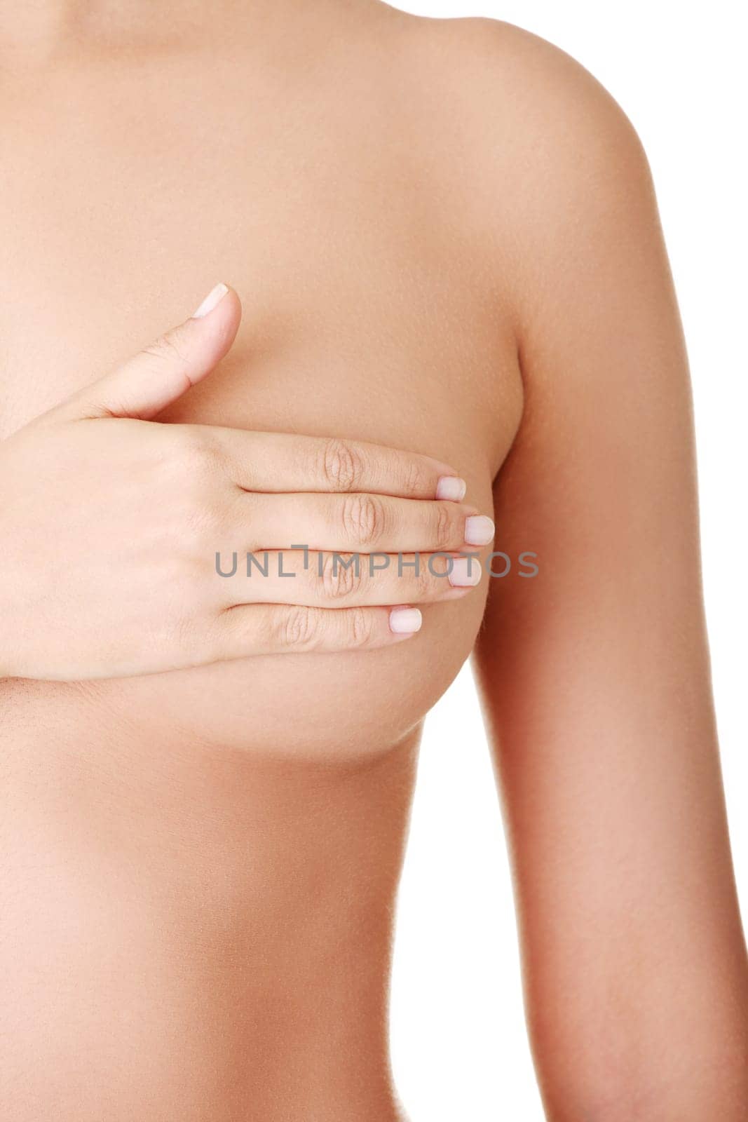 Breast cancer concept - Woman holding her breast