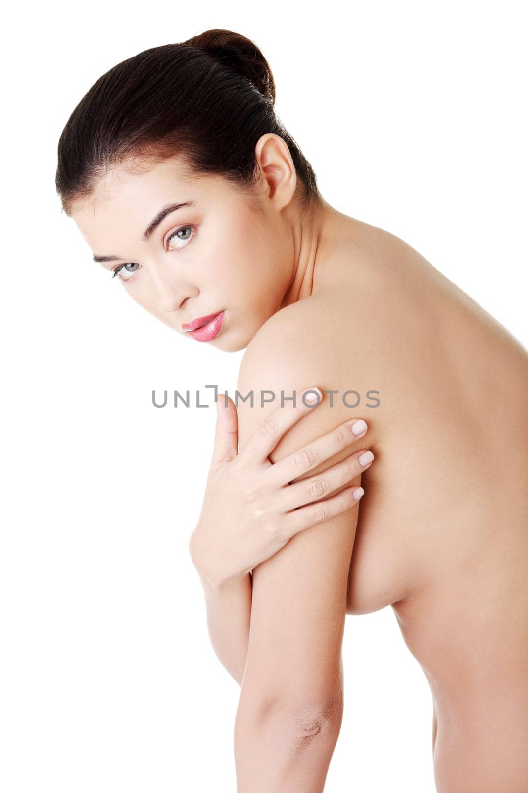Beautiful fit topless woman, isolated on white