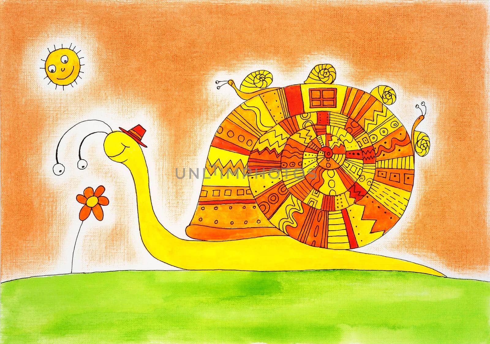Snail family, child's drawing, watercolor painting on paper