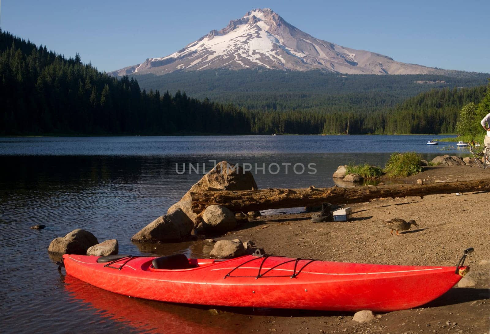 A Beautiful Recreation Area with a Single Red Kayak on Shore Trillium Lake Mount Hood Oregon