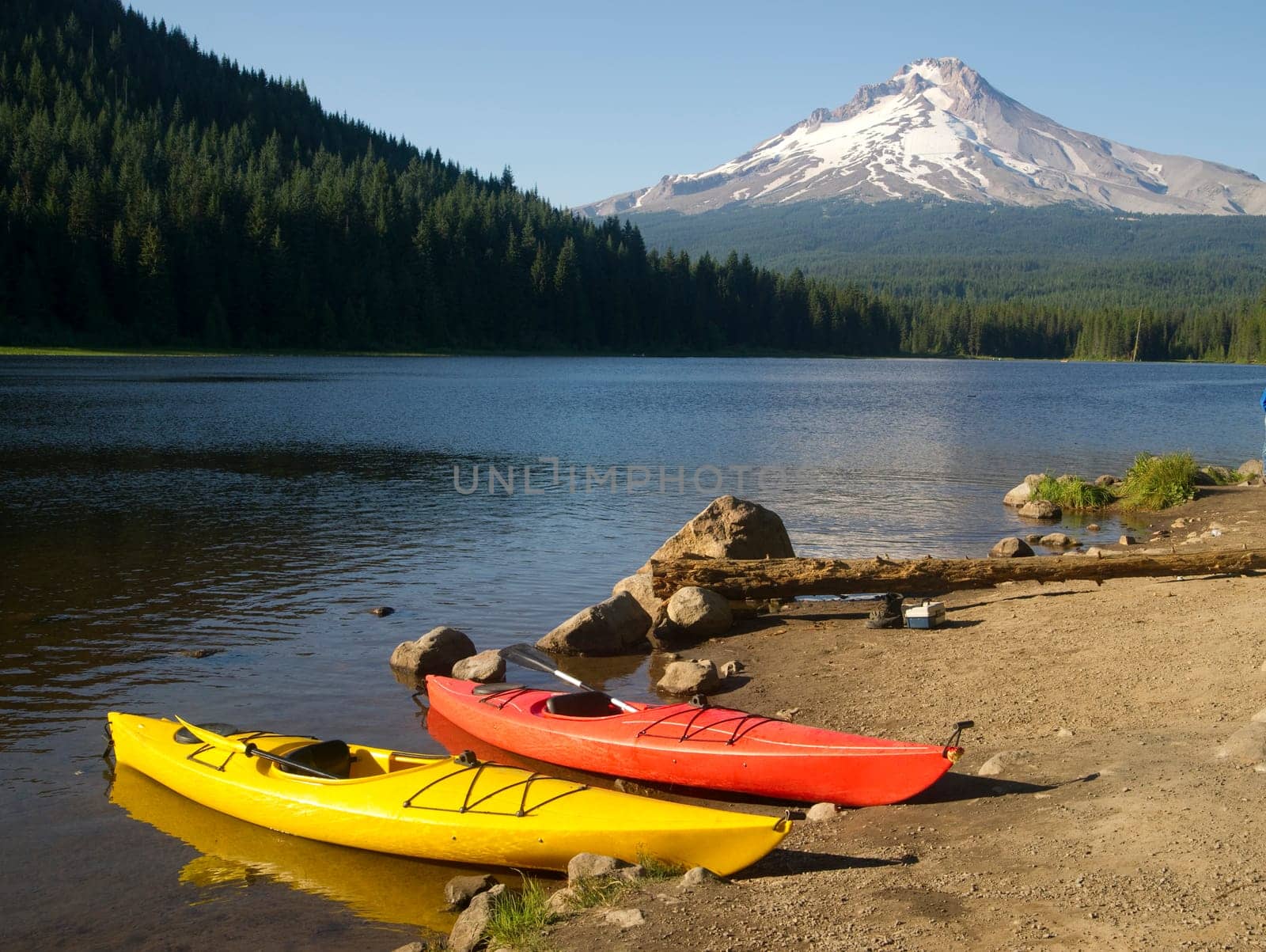 A Beautiful Recreation Area with a Couple Colorful Kayaks on Shore Trillium Lake Mount Hood Oregon