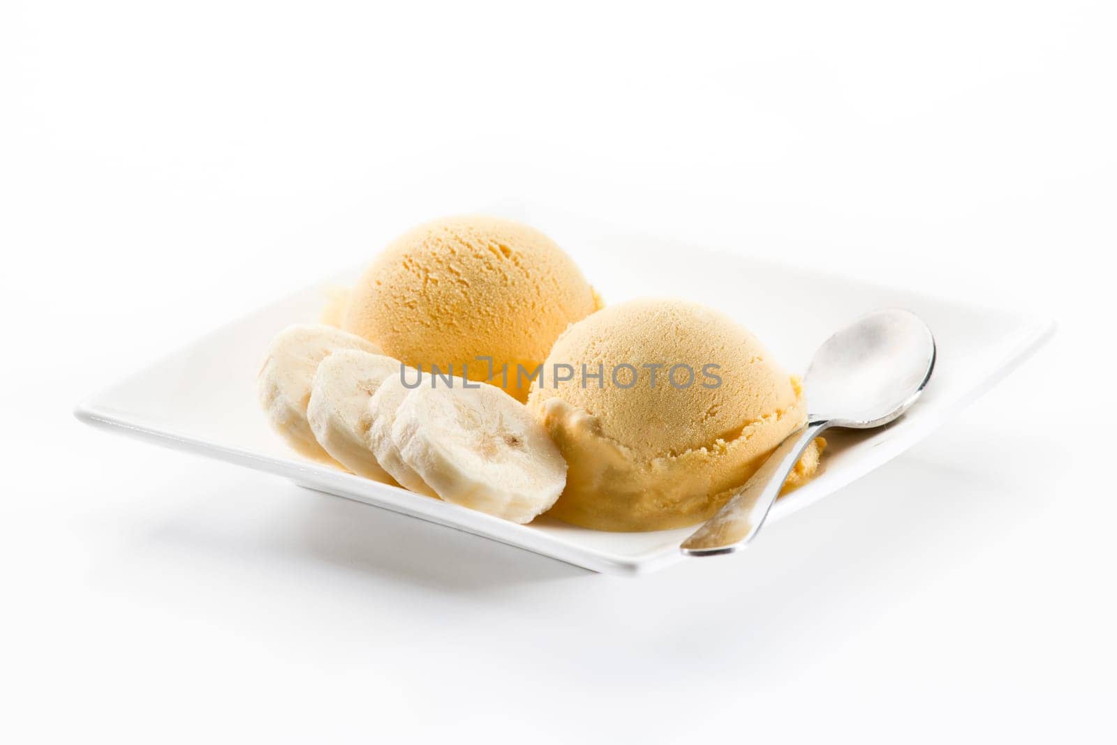 Fresh banana ice cream isolated on white