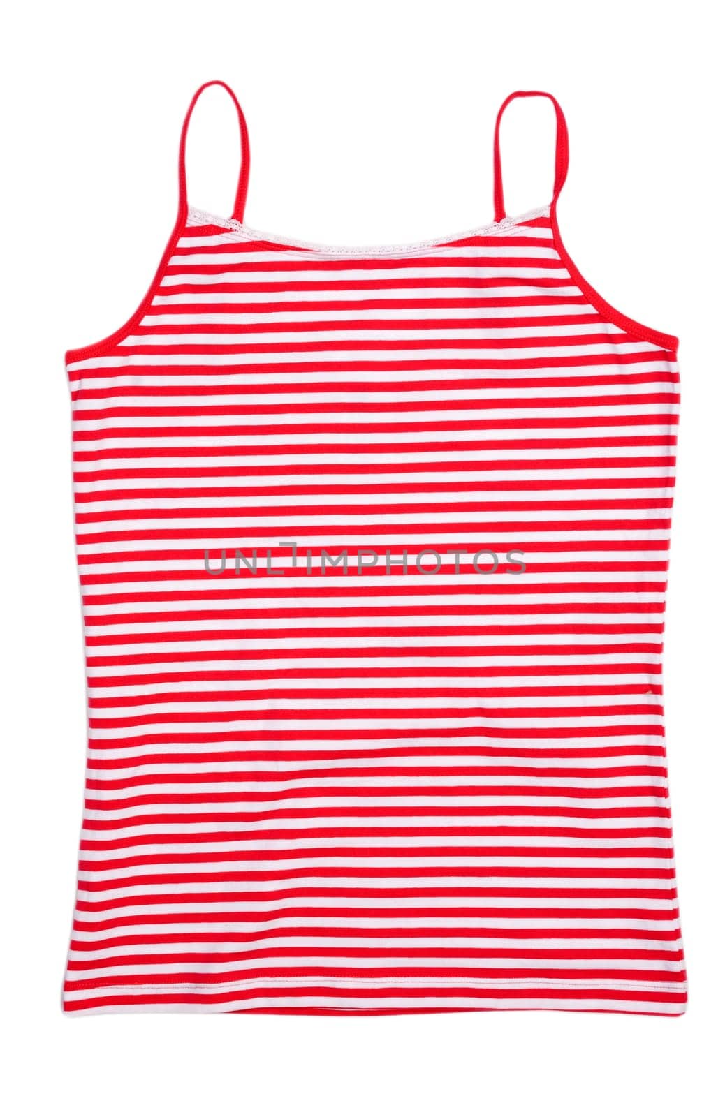 Front view of red stripped sleeveless shirt. Isolated on white