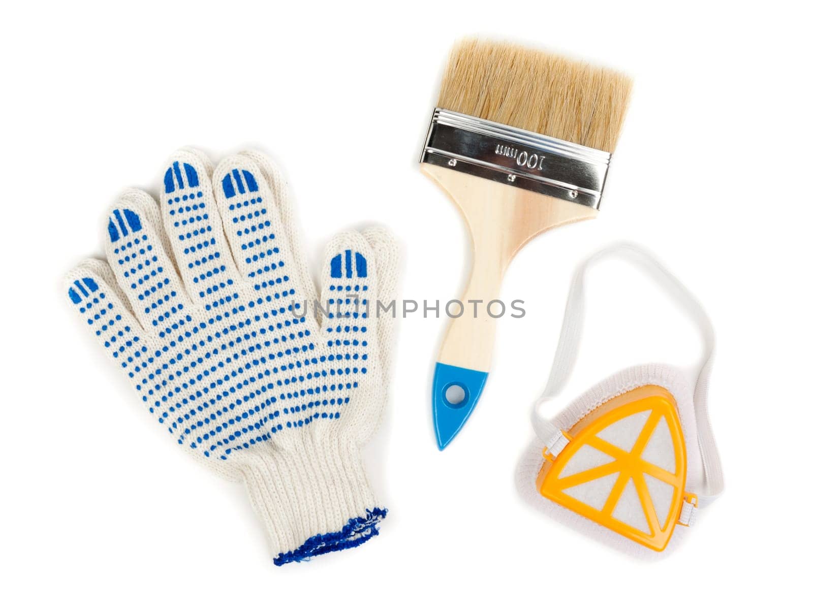 Still a pair of cotton gloves, paint brush and a dust mask.