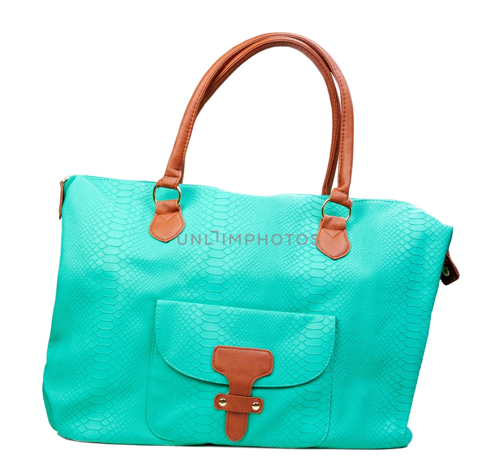 Fashionable women's leather handbag green. Isolate on white.