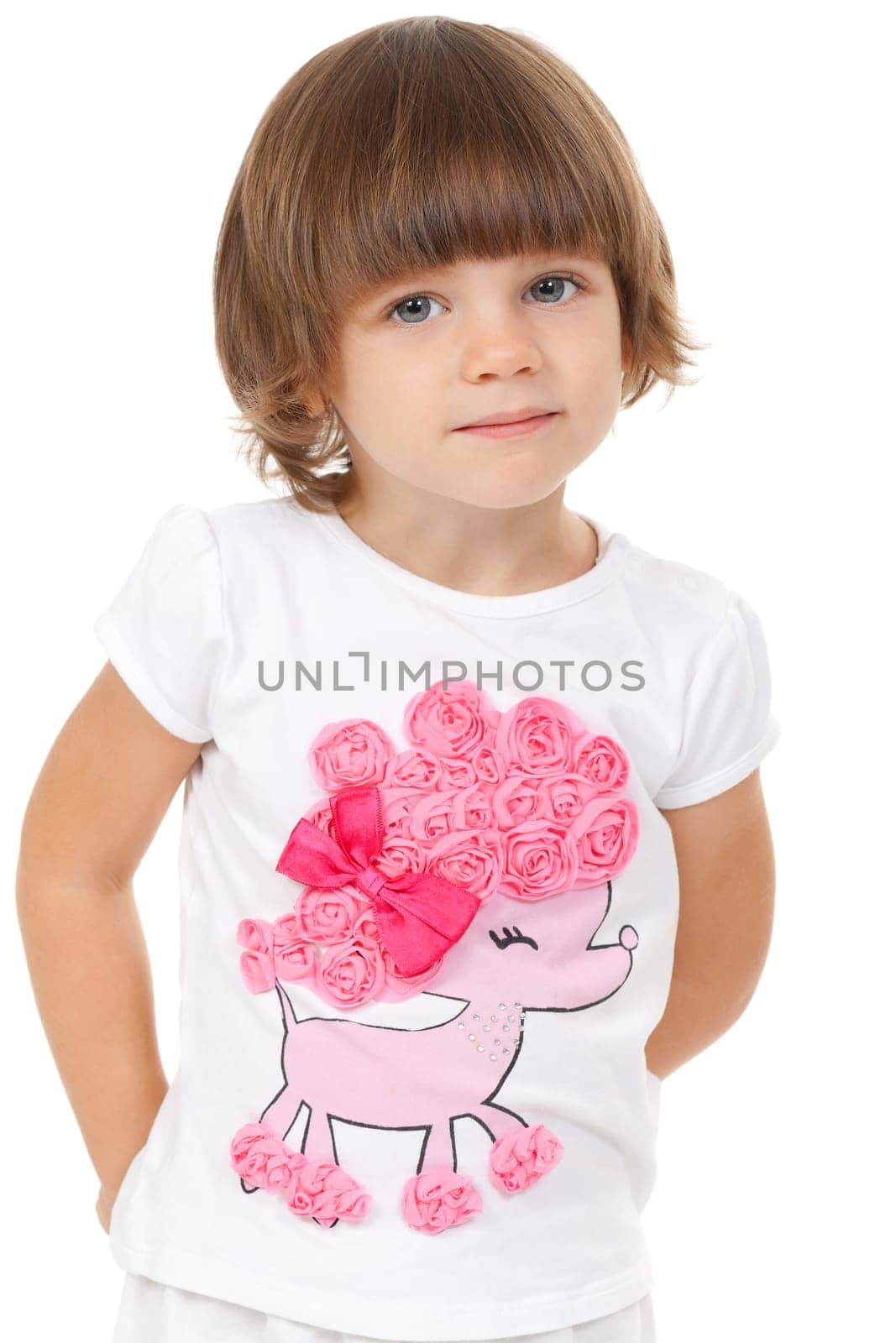 Studio portrait of a girl four years in dressy clothes. Isolate on white background