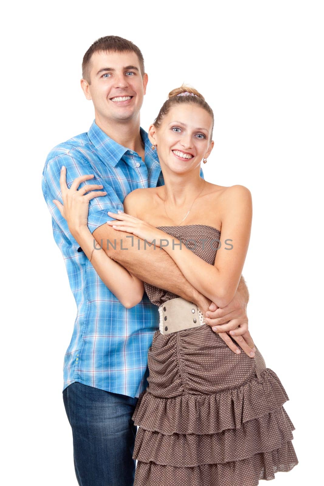 Happy smiling young caucasian couple piggyback isolated on white background