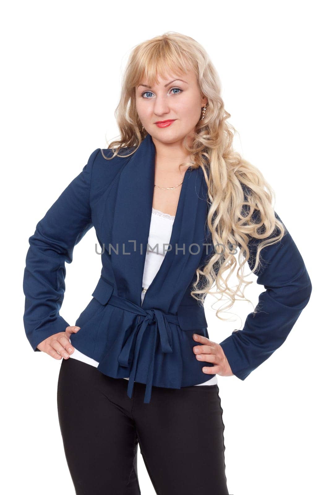 Portrait of young business woman smiling casually over white background
