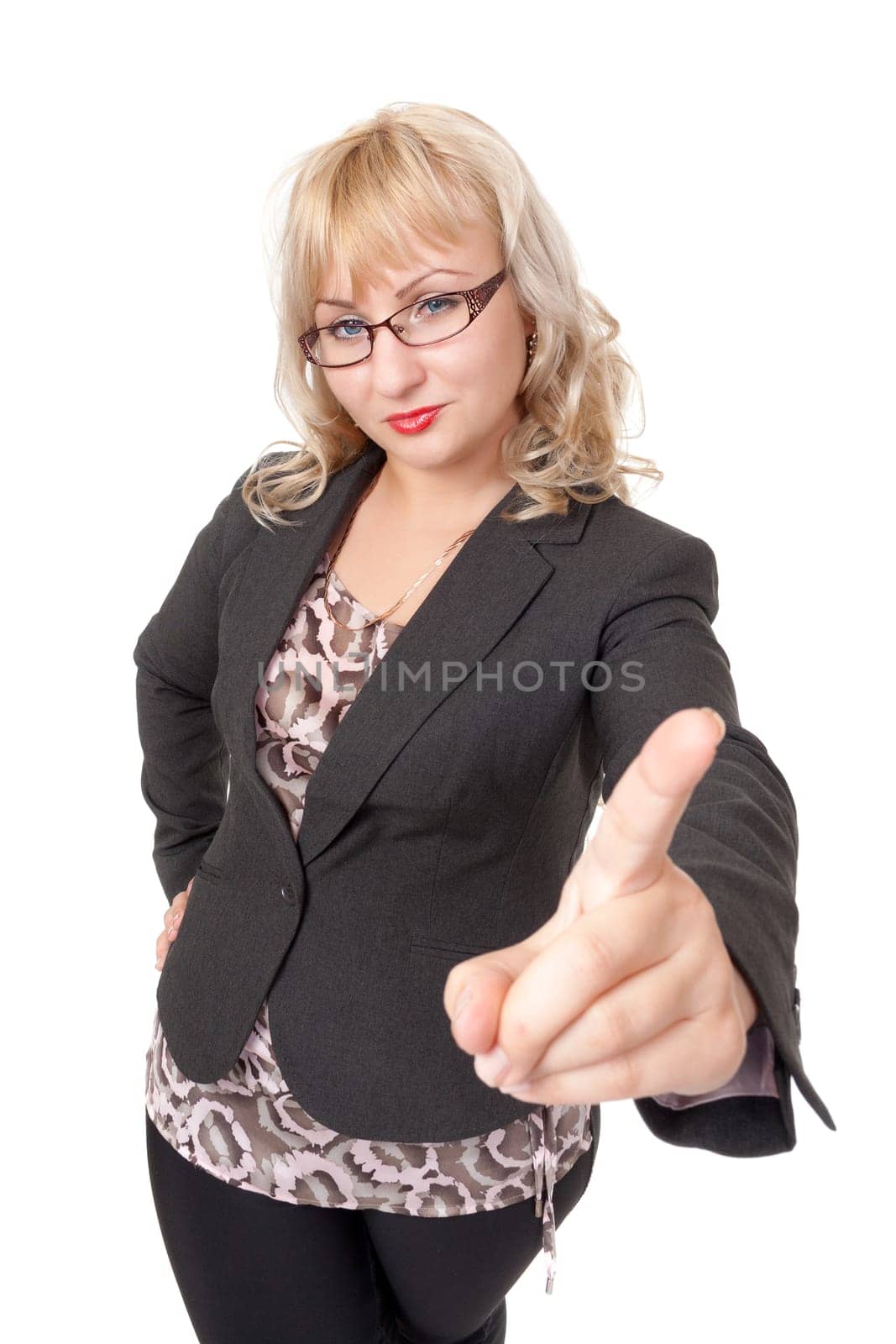 Strict business woman with glasses shaking his finger. Isolate on white.