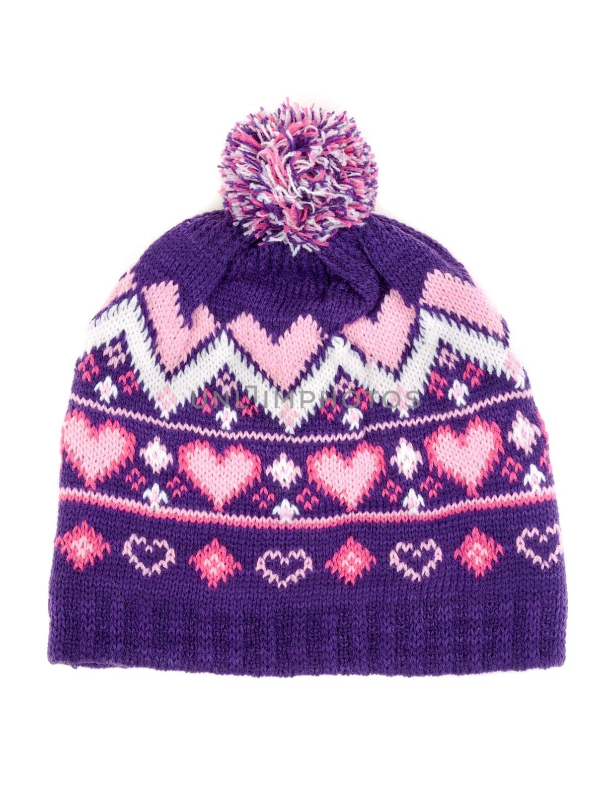 Violet knitted winter hat with a pattern isolated on white background
