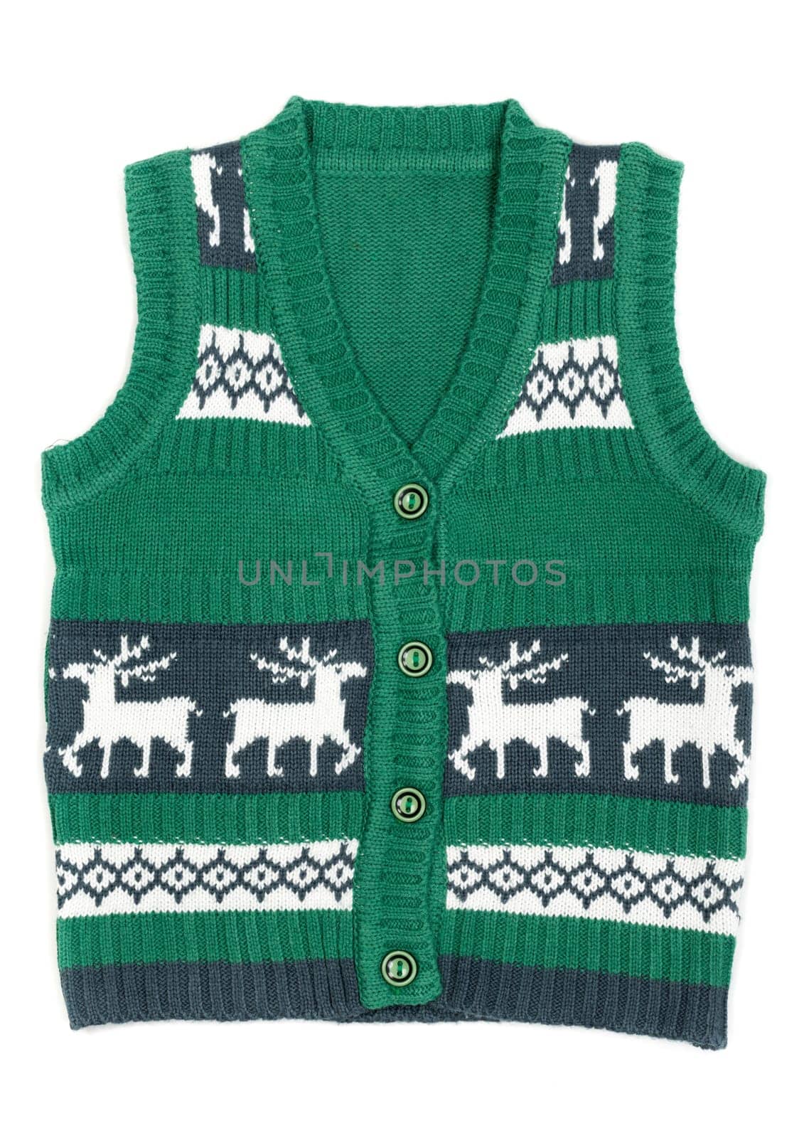 knitted vest with a Christmas ornament (with deer). Isolate on white background.