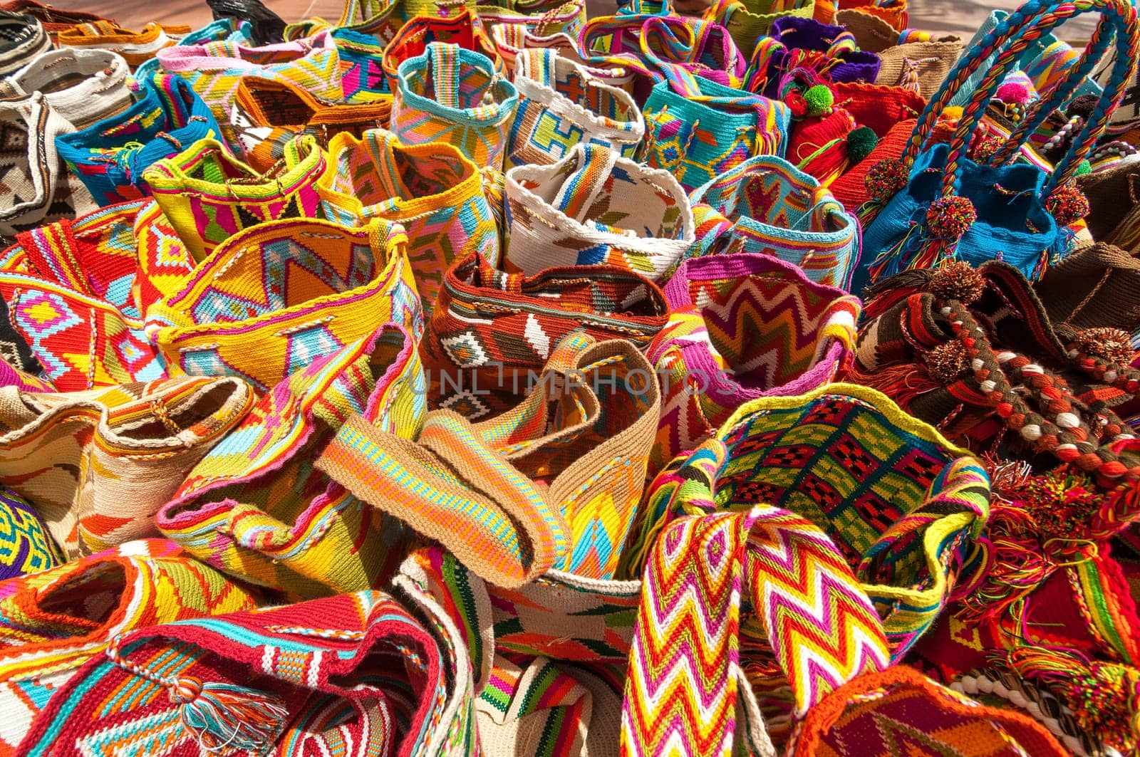 Typical colorful bags of the Wayuu Indians for sale as souvenirs in Riohacha, Colombia