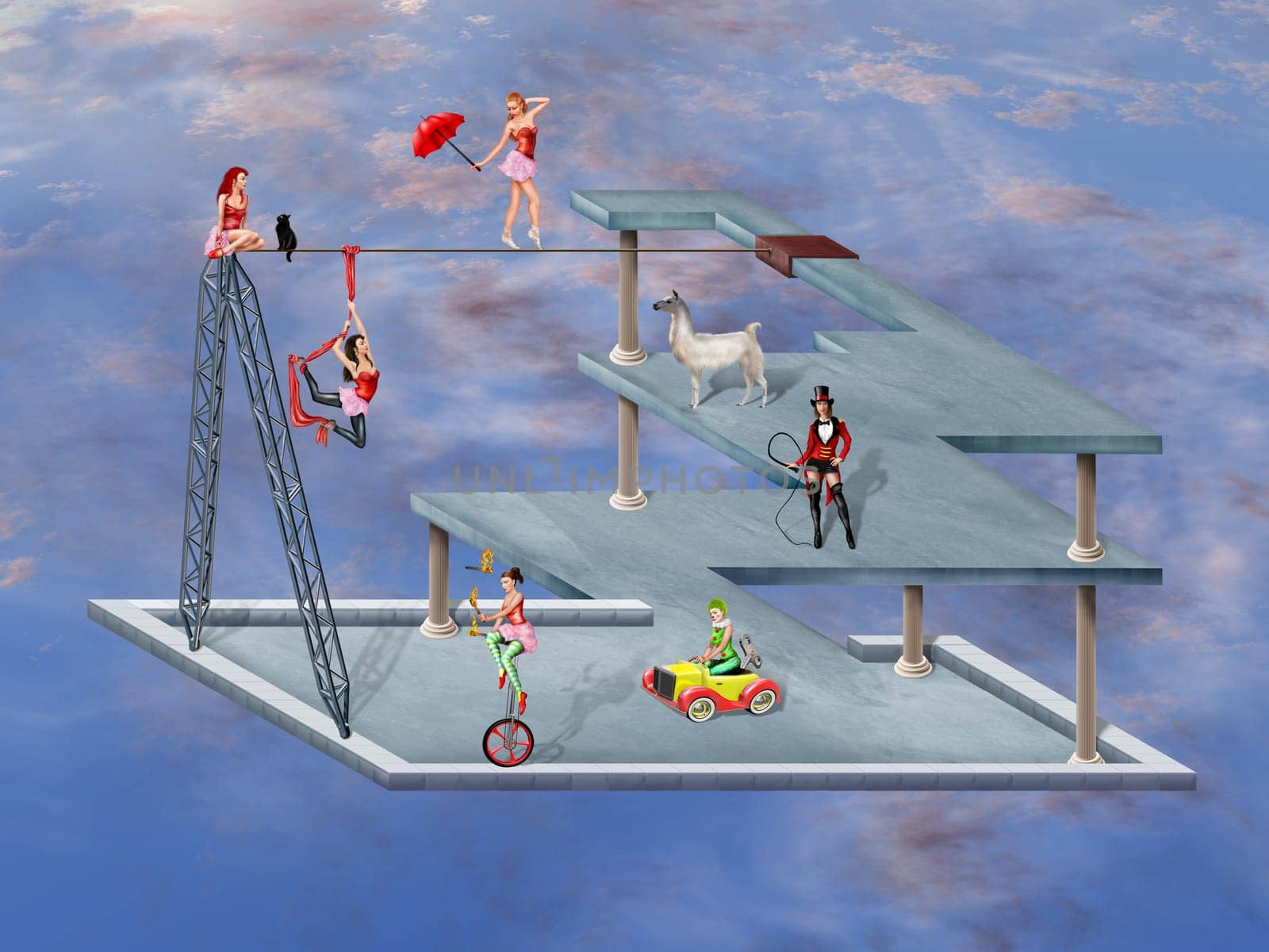 Circus performers in an impossible surreal circus