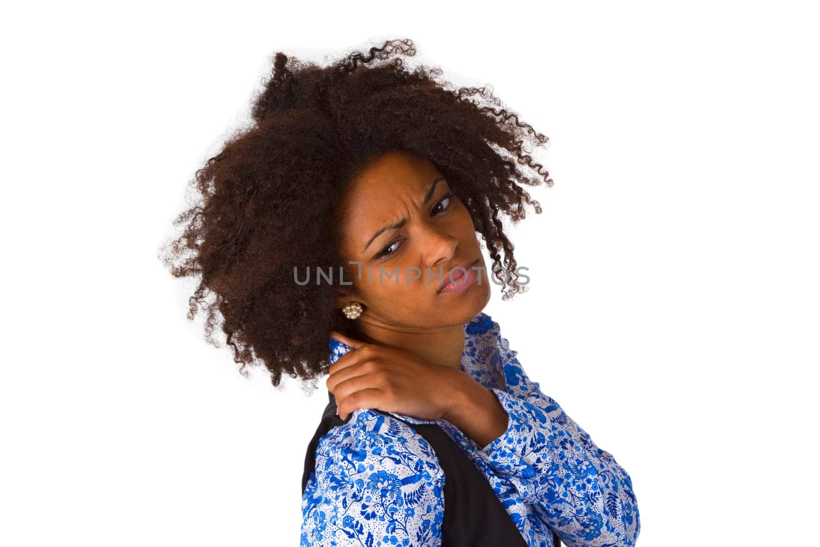 African American woman with tense shoulder - isolated on white background
