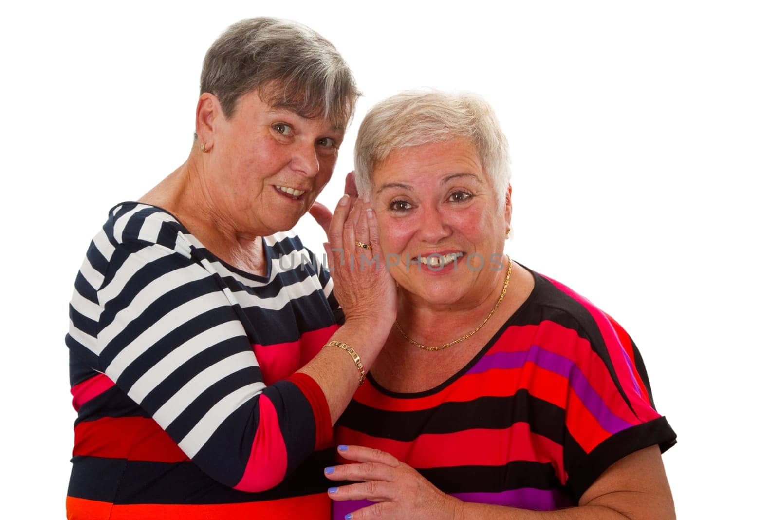 Two senior citizens communicate with each other . Isolated on white background