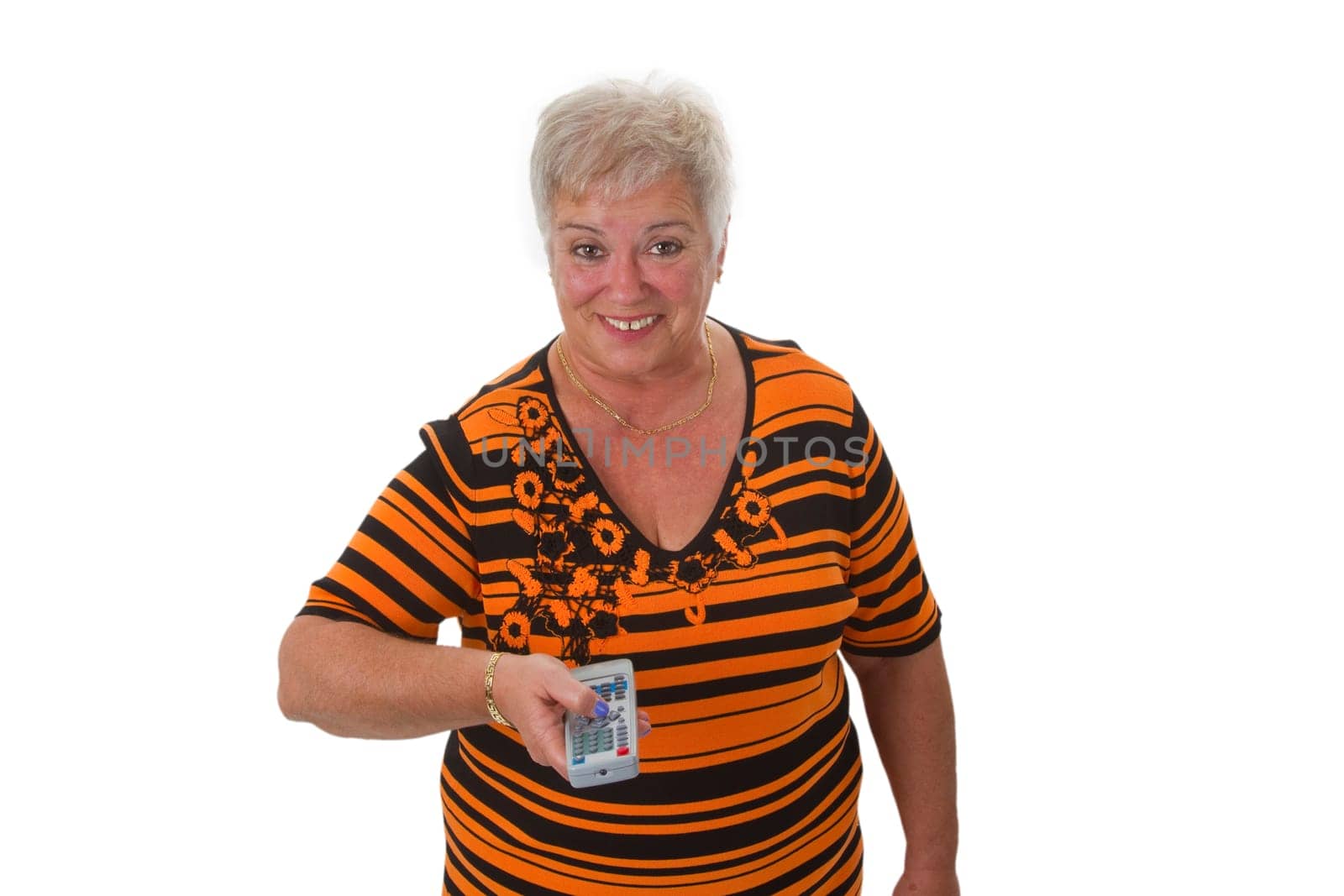 Senior woman with remote control - isolated on white background