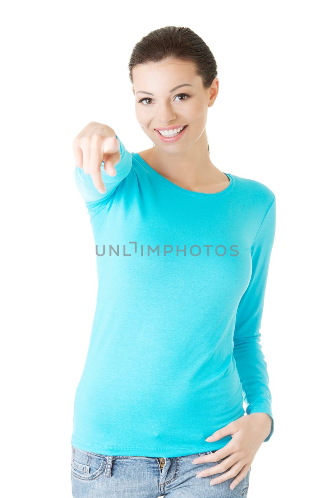 Young beautiful caucasian woman pointing on you ,isolated on white
