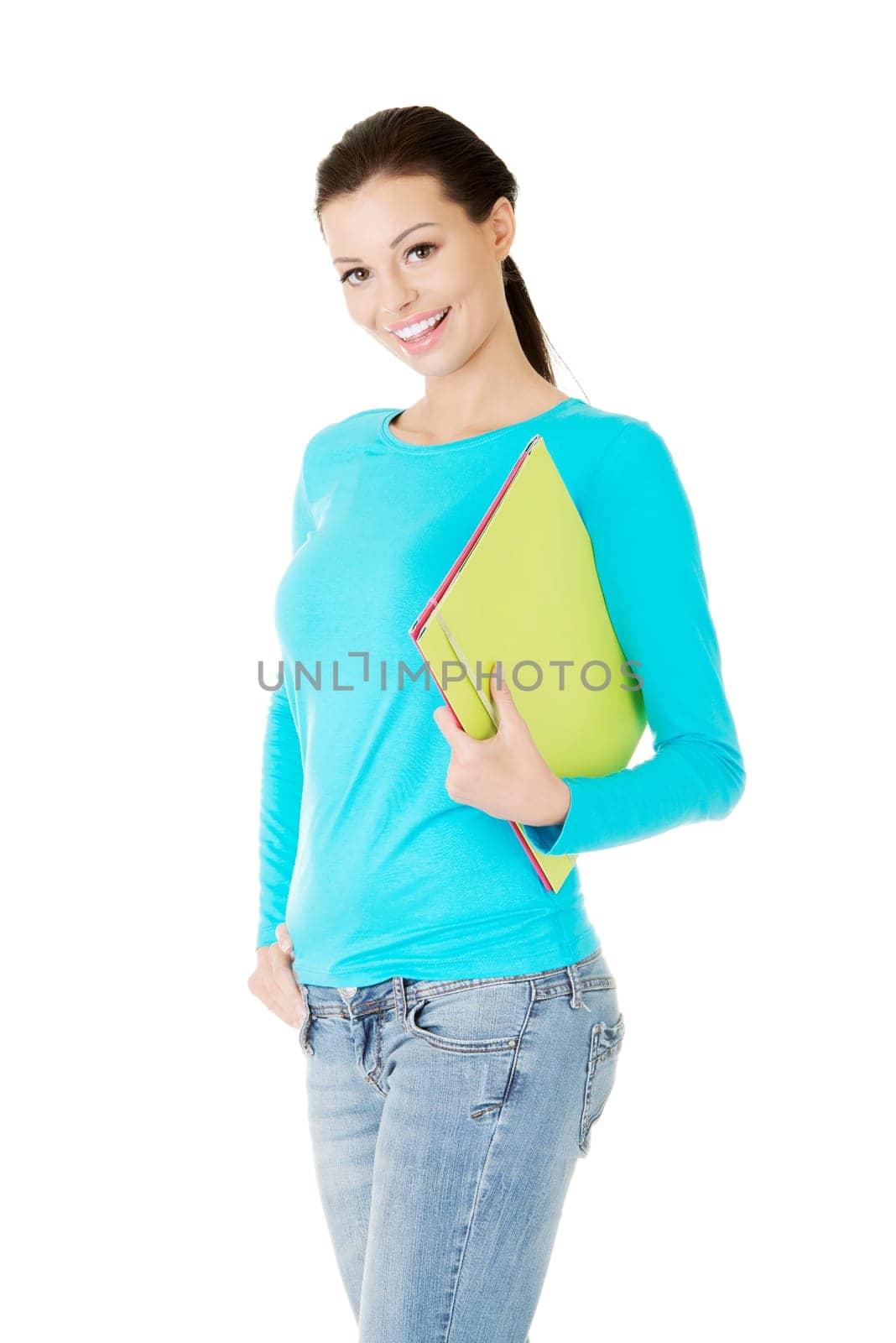 Happy student woman with notebooks, isoalted on white background