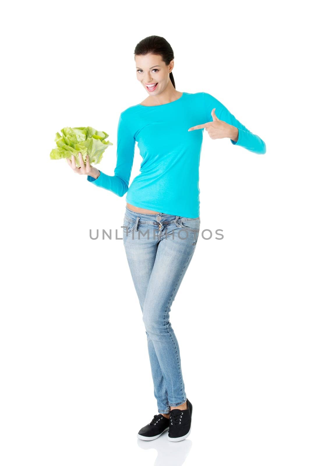 Portrait of attractive caucasian smiling woman with salat, isolated on white