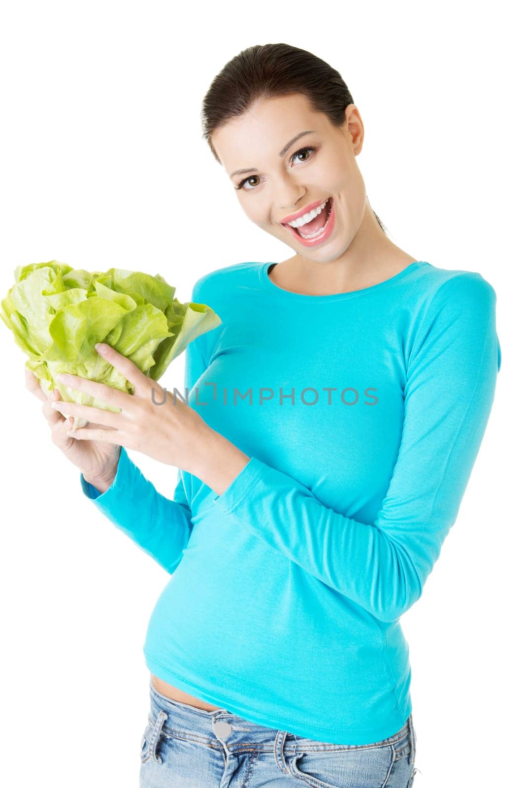 Portrait of attractive caucasian smiling woman with salat, isolated on white