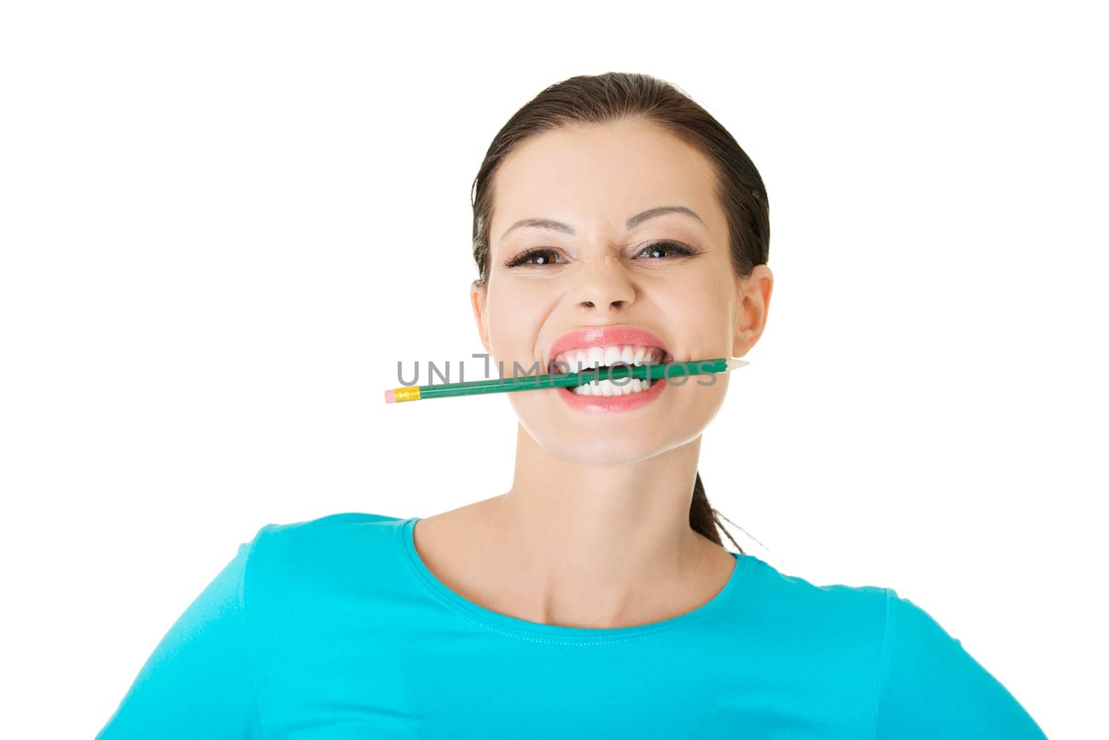 Thoughtful attractive student woman biting pencil, isolated on white