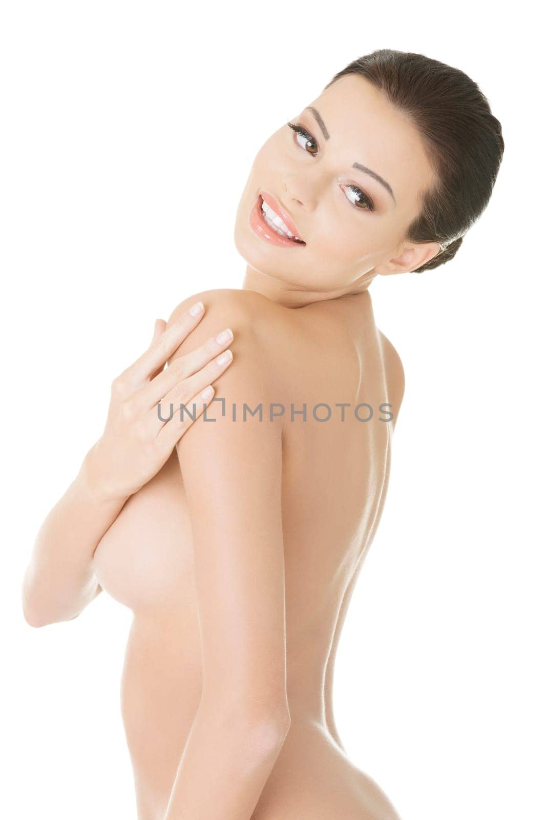 Beautiful fit topless woman, isolated on white