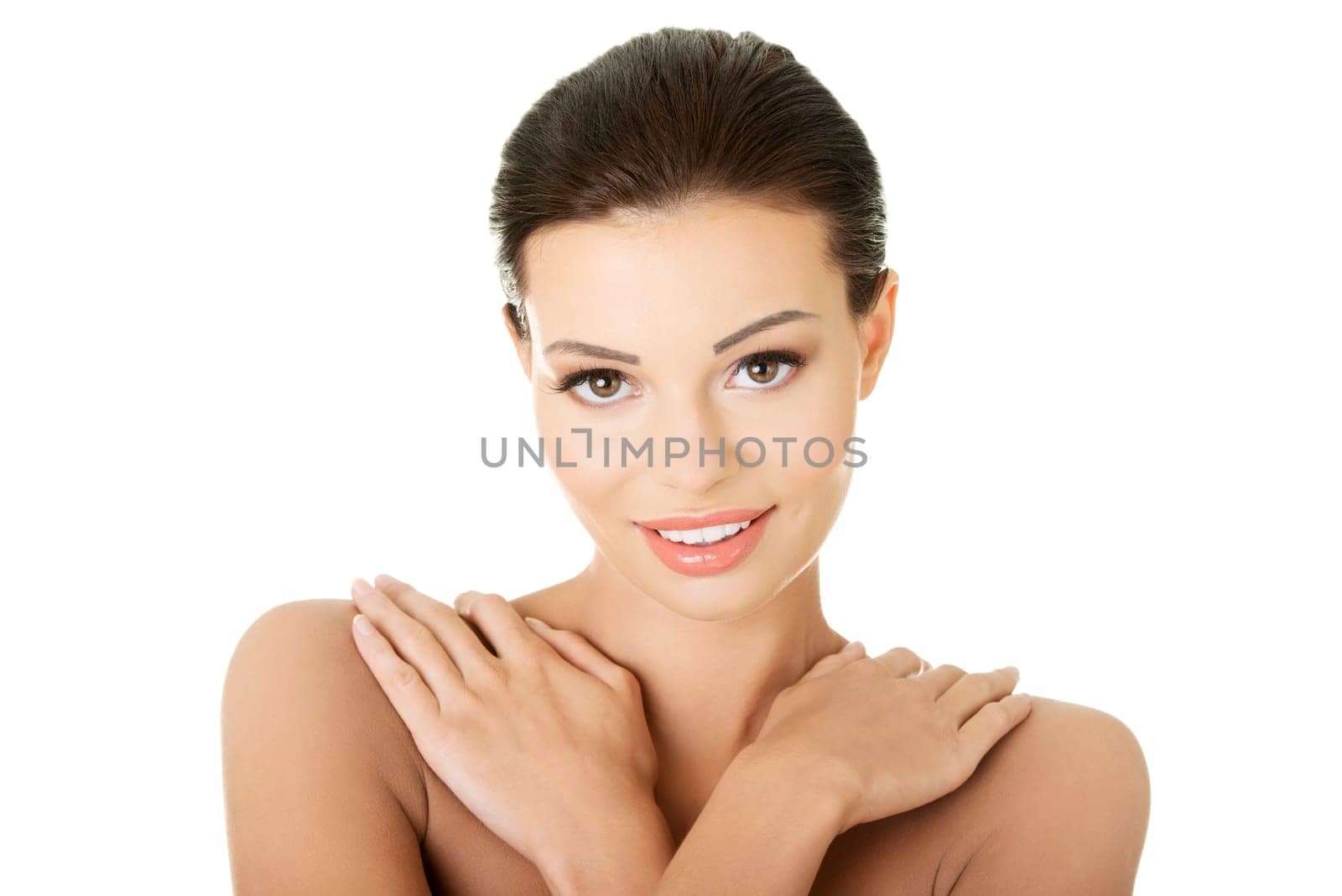 Beautiful fit topless woman, isolated on white