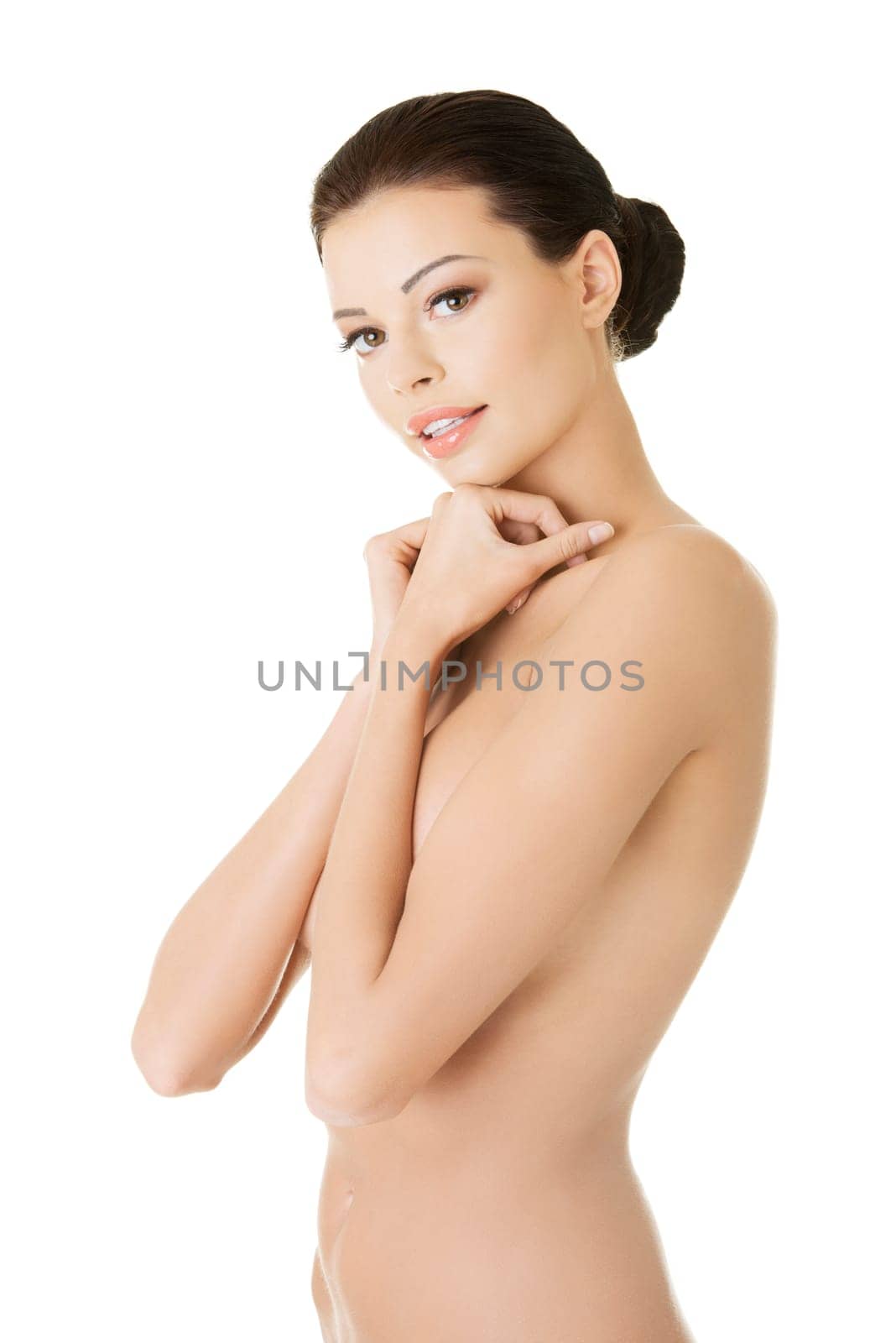 Beautiful fit topless woman, isolated on white