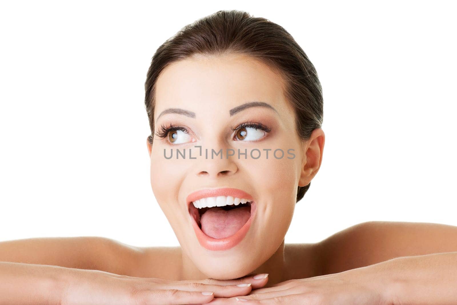 Portrait of a beautiful female model on white background