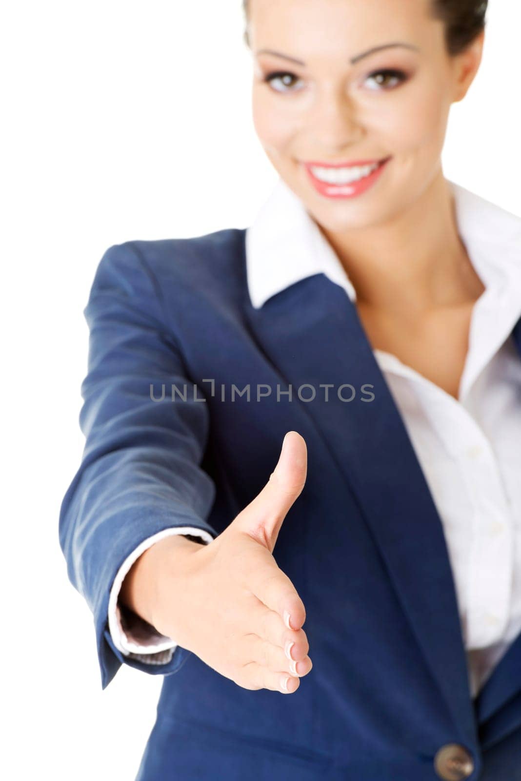 A beautiful businesswoman about to shake hands. Isolated on white