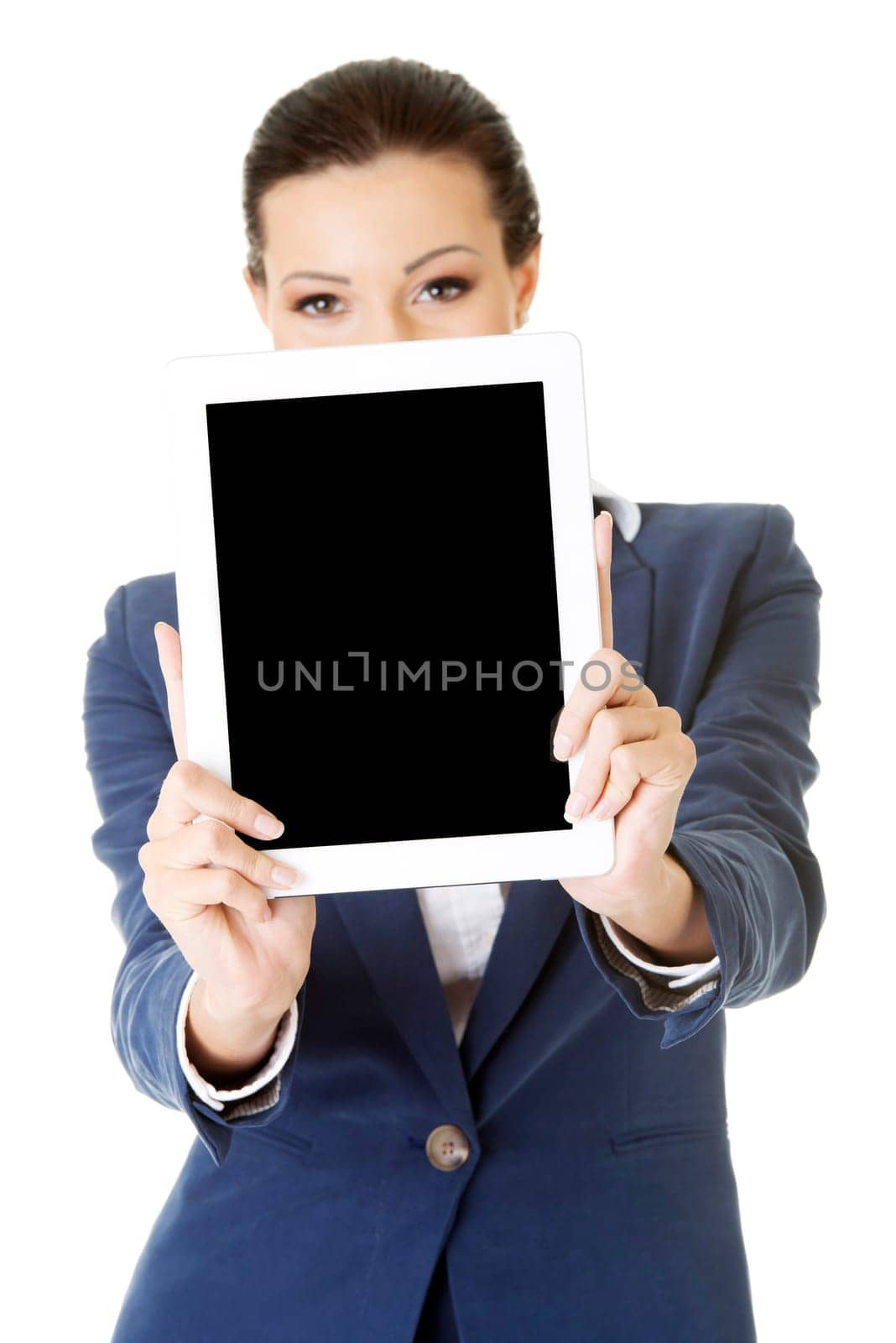 Business woman showing tablet PC with touch pad. Isolated on white