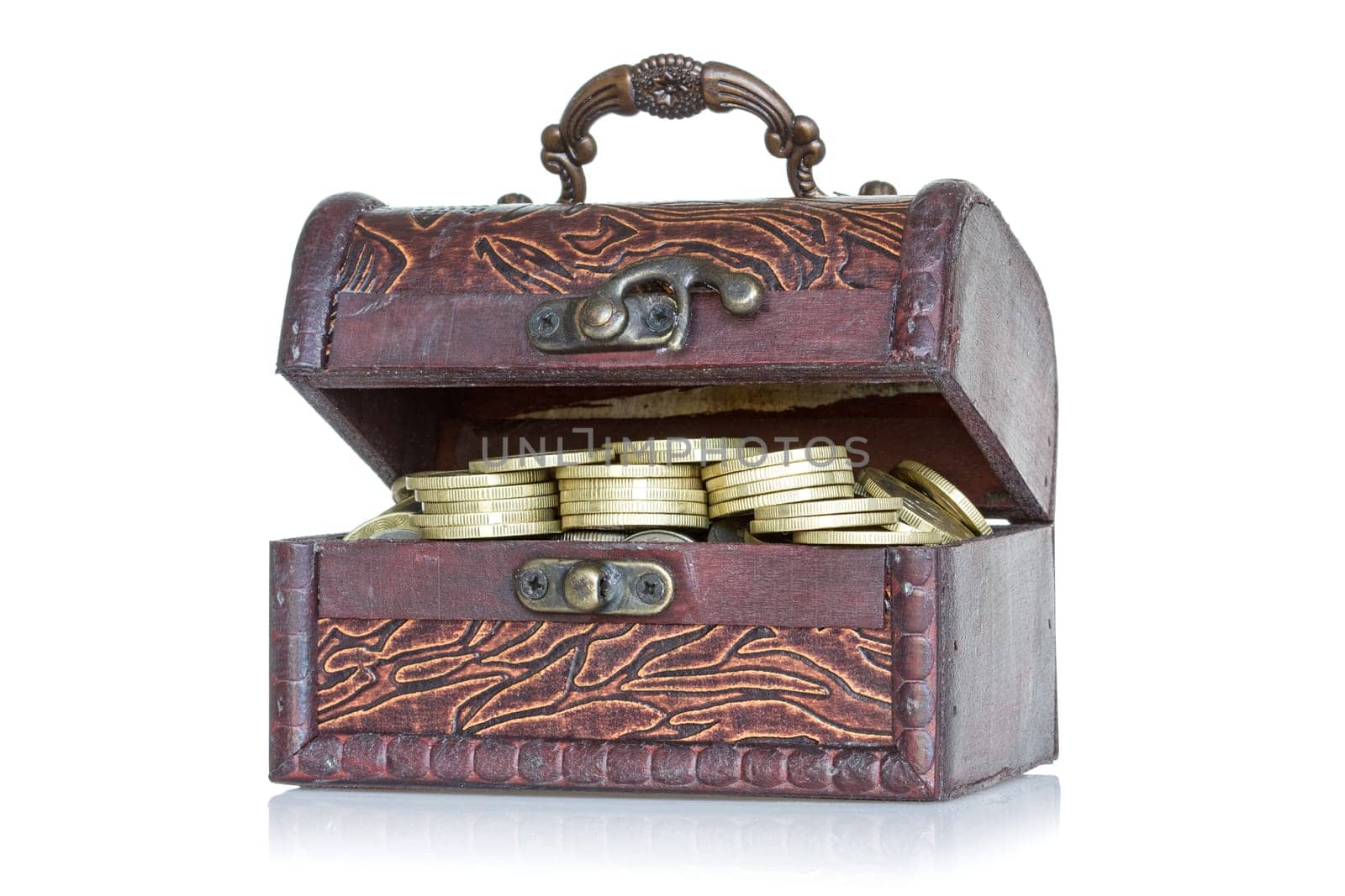 Wooden chest with coins inside. Isolated on white background