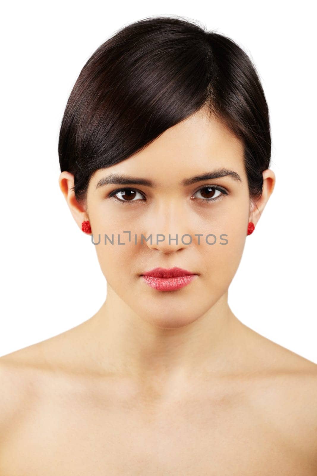 Serious young asian brunette woman isolated on white background.