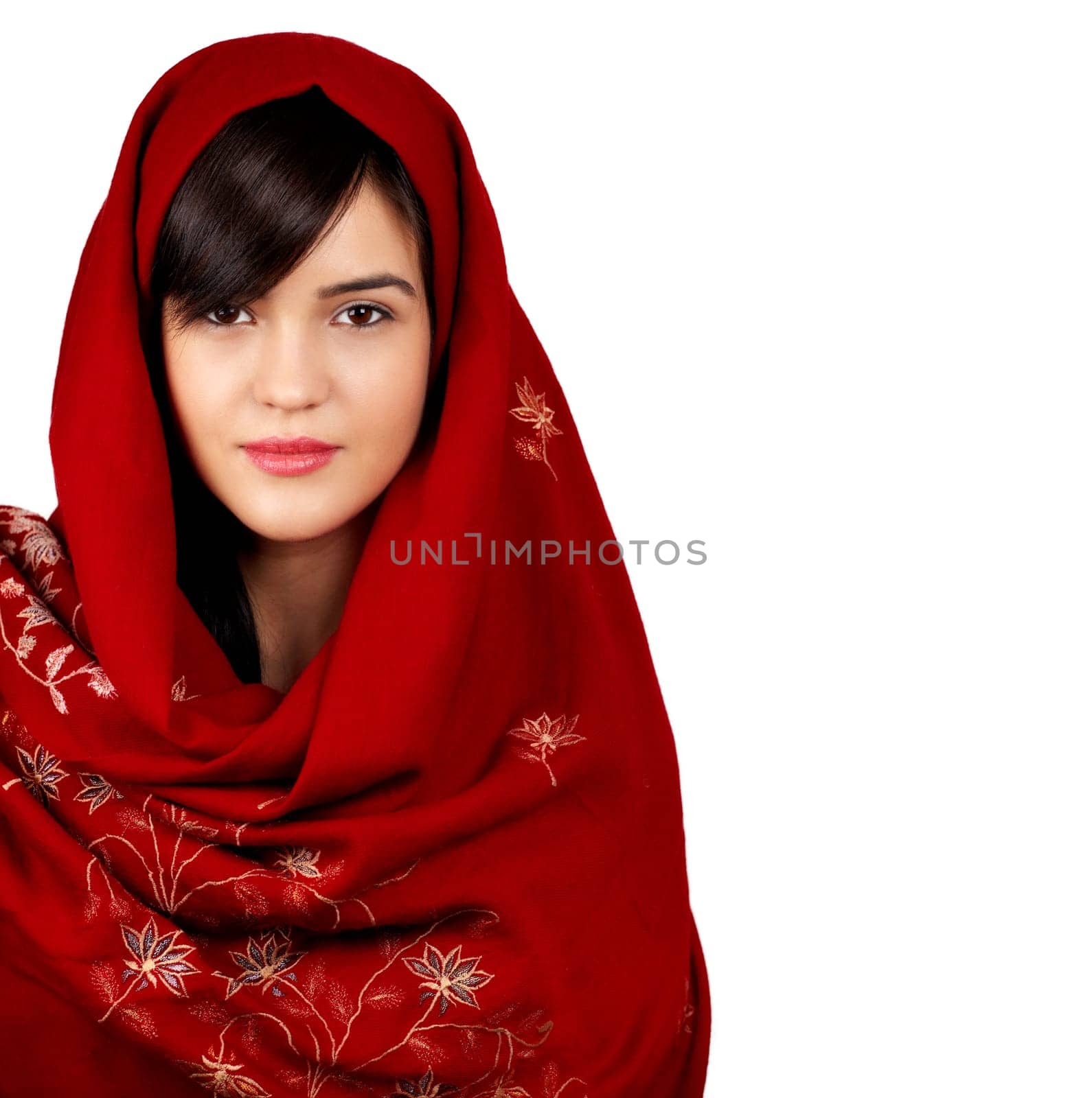 Young asian woman portrait wearing a red head scarf isolated on white.