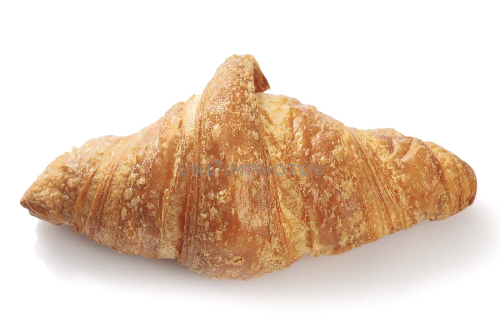 Closeup view of a freshly baked flaky golden croissant on a white studio background