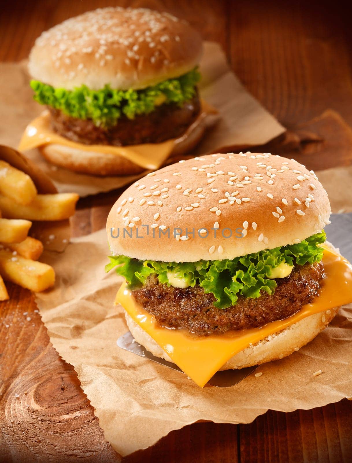 Two hamburgers and french fries on brown paper