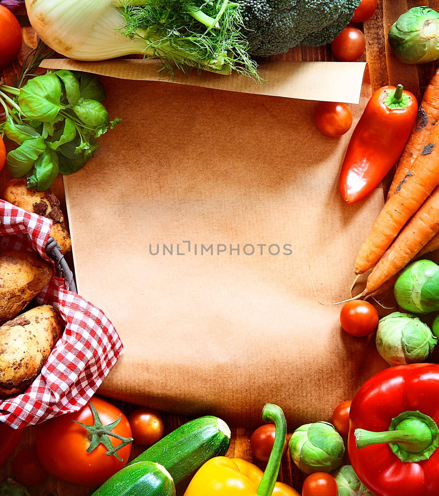 Garden fresh vegetables and blank brown paper
