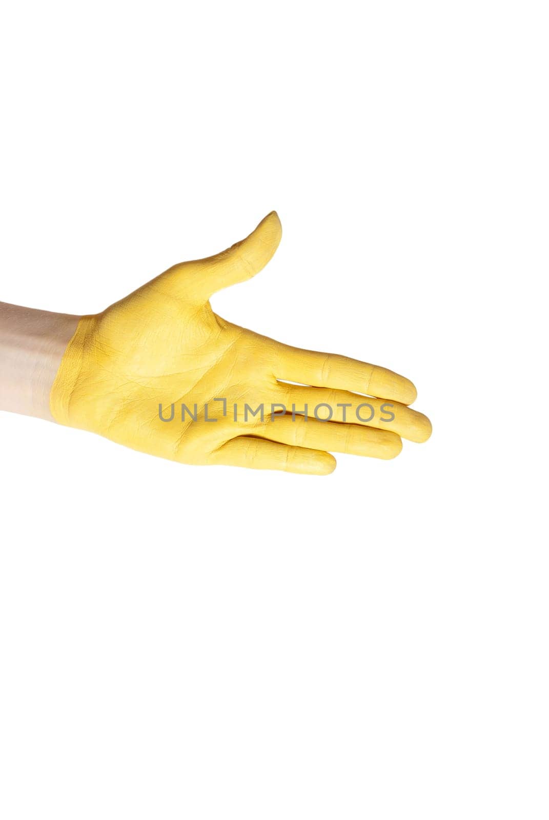 a yellow painted hand in handshake gesture