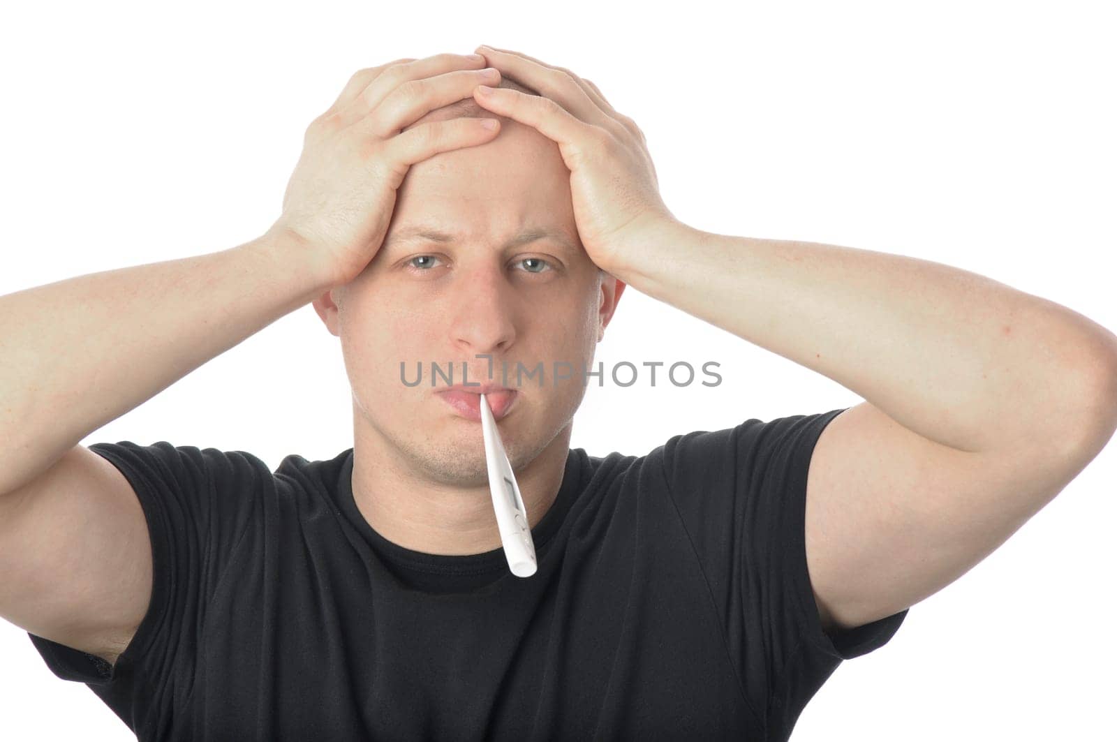 Man holding head in headache with thermometer in mouth. Isolated on white background