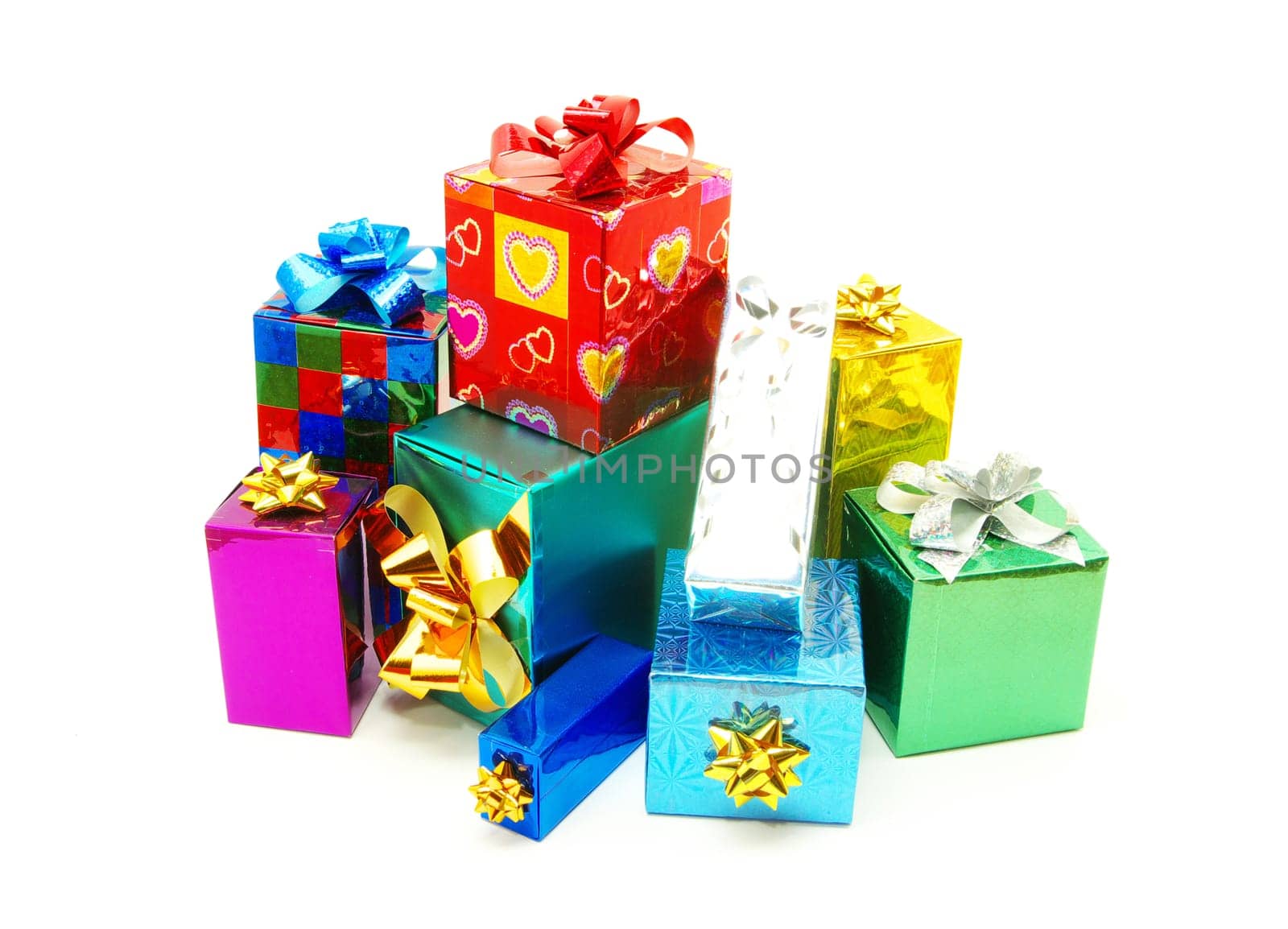Christmas box gifts with satin bow isolated on white background