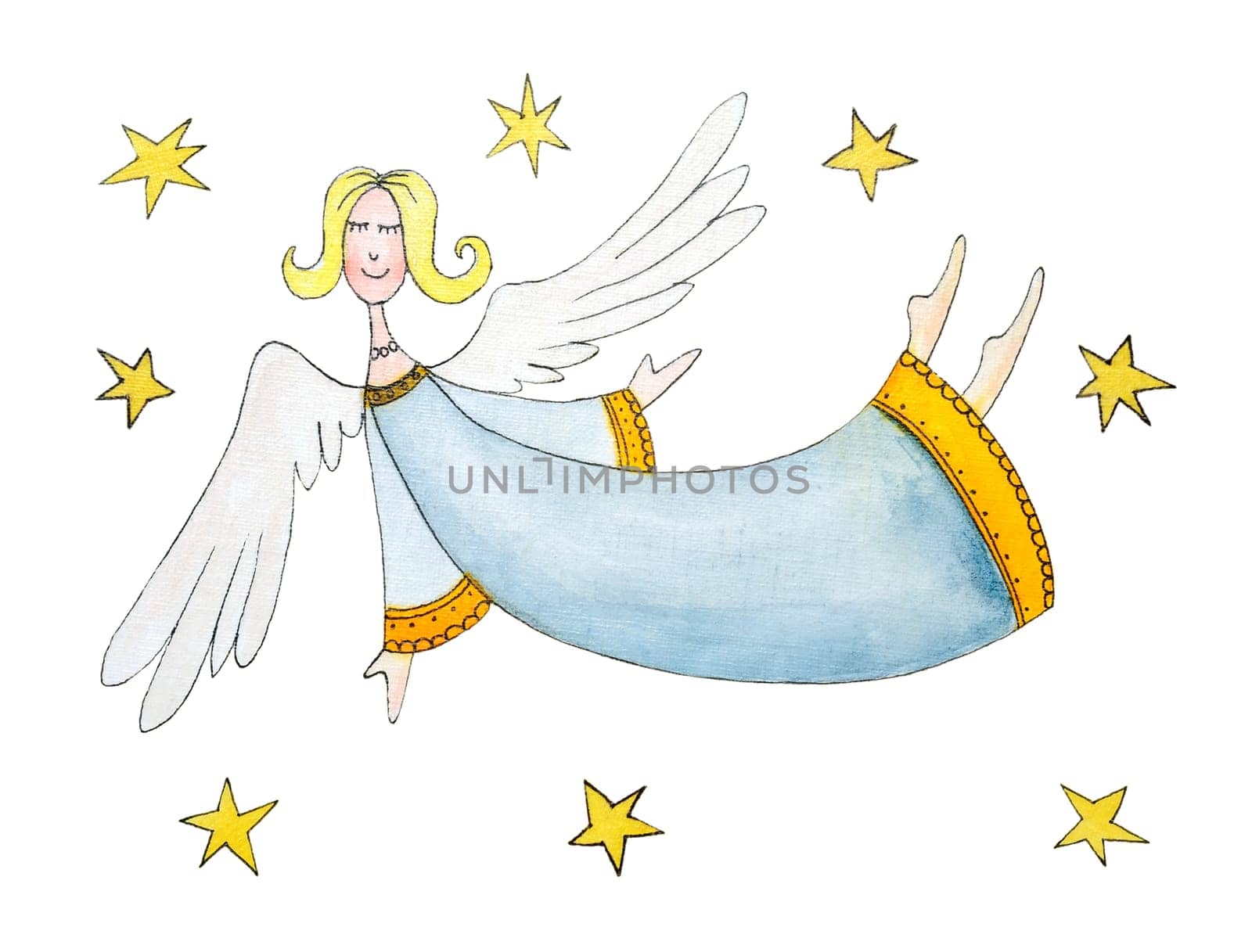 Angel with stars, child's drawing, watercolor painting on paper