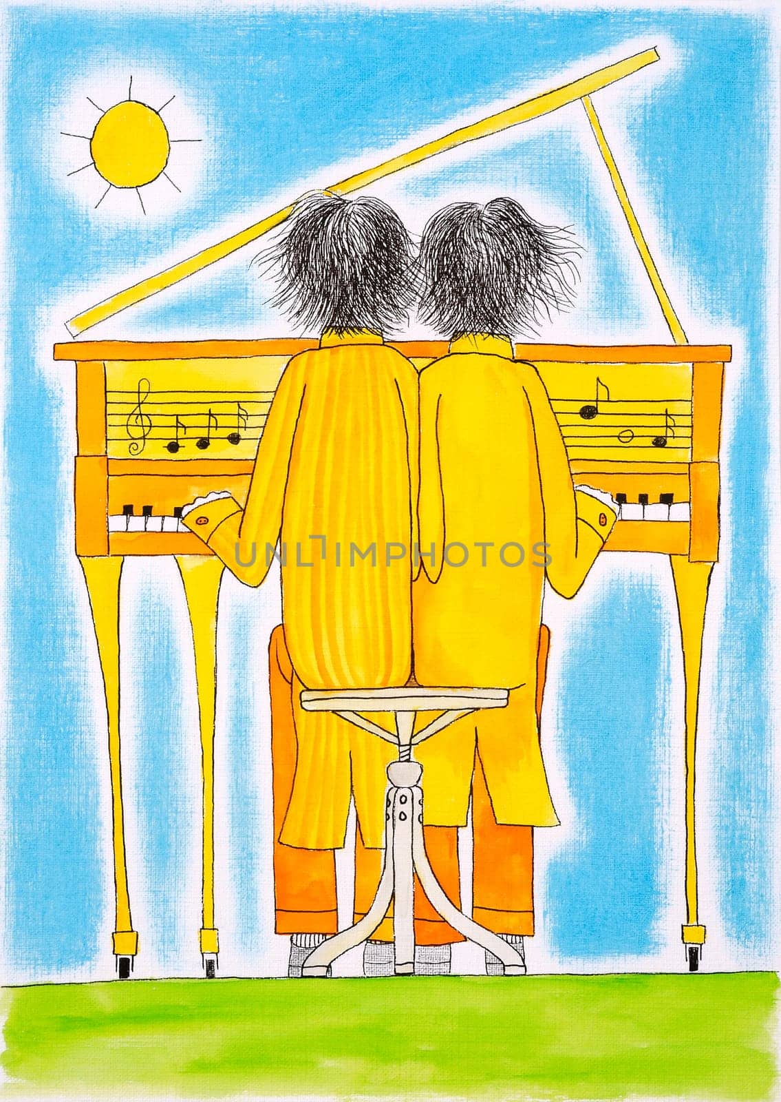 Piano players, Gemini, child's drawing, watercolor painting on paper