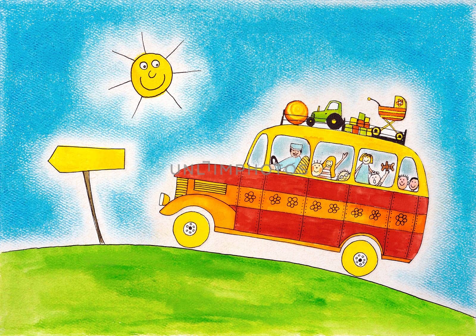 School bus trip, child's drawing, watercolor painting on paper
